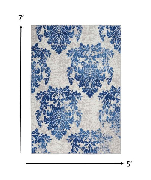 5’ x 7’ Ivory and Navy Damask Area Rug