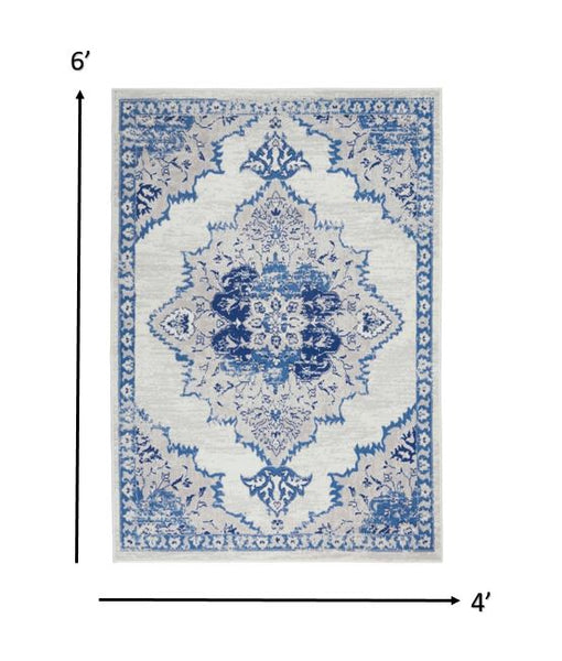 4’ x 6’ Ivory and Blue Medallion Area Rug