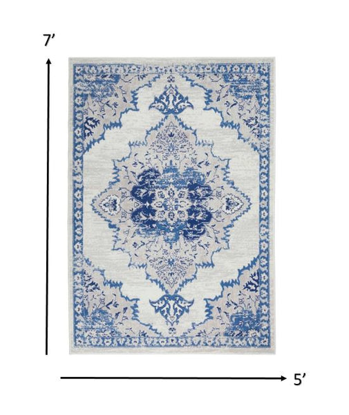 5’ x 7’ Ivory and Blue Medallion Area Rug