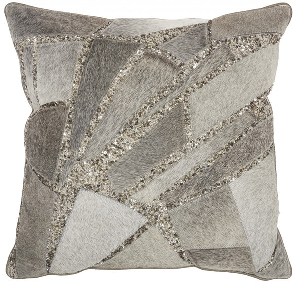 Gray and Silver Abstract Bling Cowhide Throw Pillow