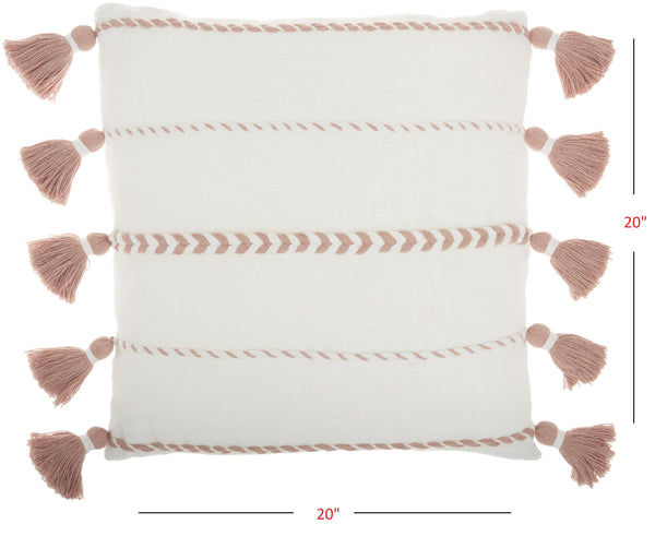 Bohemian White Cotton Accent Pillow with Blush Tassel Details