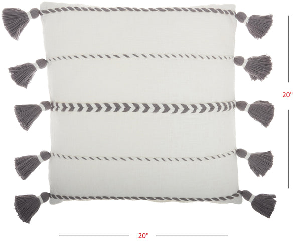 Bohemian White Cotton Accent Pillow with Grey Tassel Details