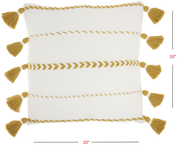 Bohemian White Cotton Accent Pillow with Mustard Tassel Details