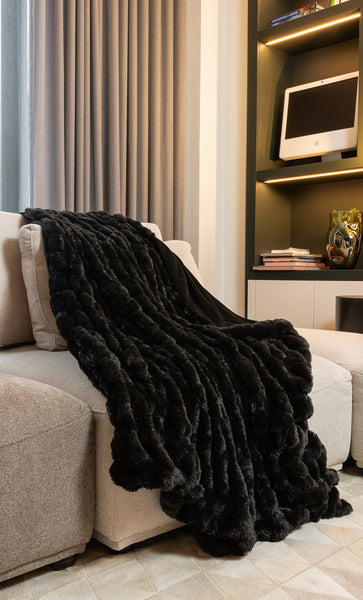 Chunky Sectioned Black Faux Fur Throw Blanket