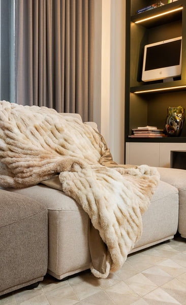 Chunky Sectioned Shades of Beige Faux Fur Throw Blanket