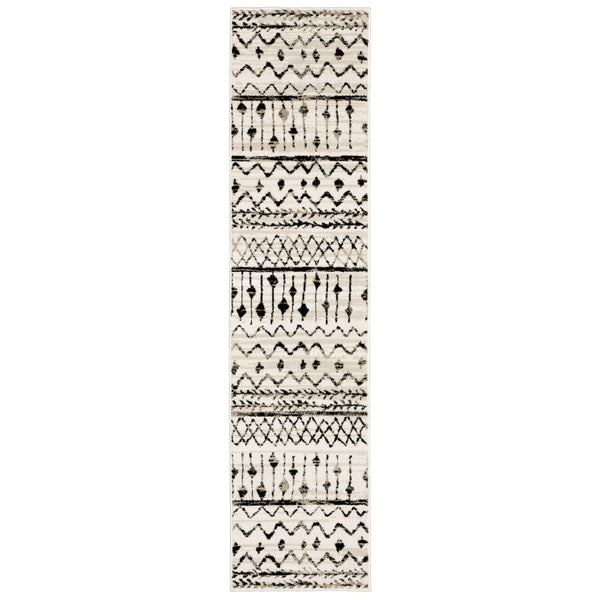 2’ x 8’ Ivory and Black Eclectic Patterns Indoor Runner Rug