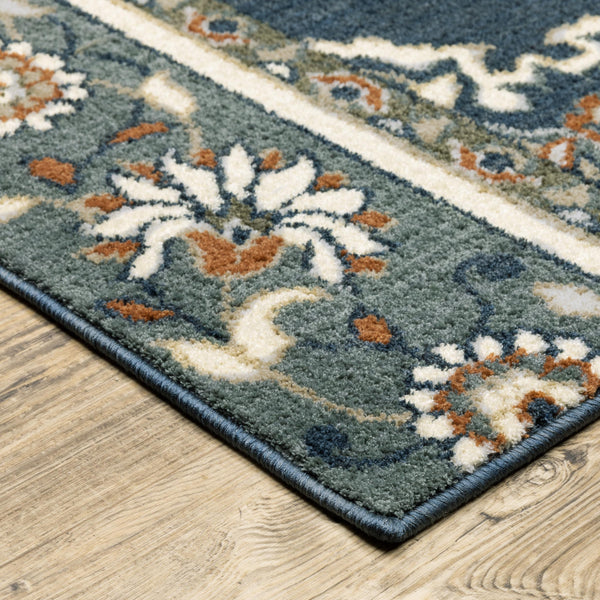 2’ x 7’ Blue and Beige Floral Medallion Indoor Runner Rug