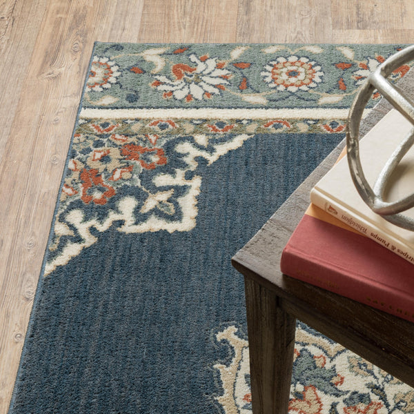 2’ x 7’ Blue and Beige Floral Medallion Indoor Runner Rug