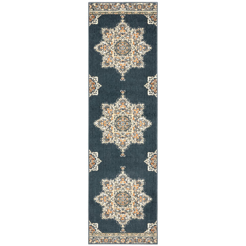 2’ x 7’ Blue and Beige Floral Medallion Indoor Runner Rug