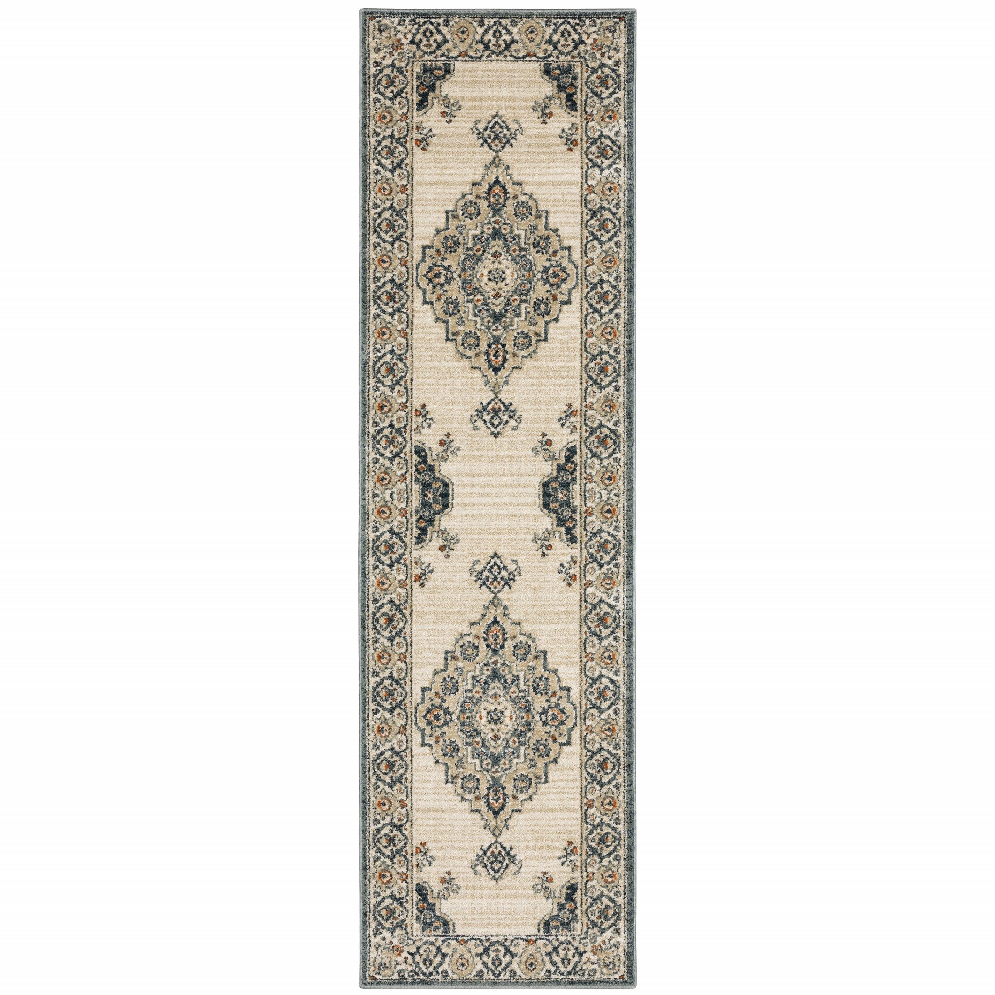 2’ x 7’ Vintage Beige and Blue Indoor Runner Rug