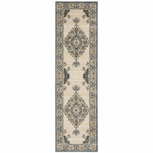 2’ x 7’ Vintage Beige and Blue Indoor Runner Rug