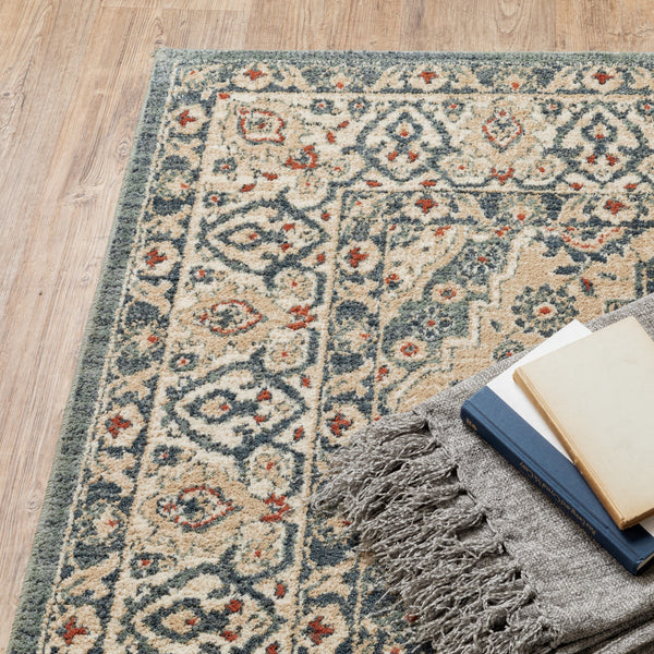 2’ x 7’ Vintage Beige and Blue Indoor Runner Rug