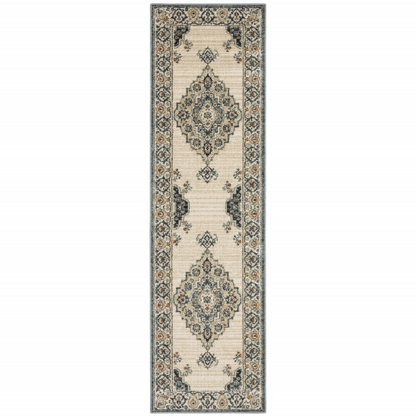 2’ x 7’ Vintage Beige and Blue Indoor Runner Rug