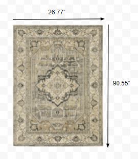 2’ x 8’ Beige and Gray Traditional Medallion Indoor Runner Rug