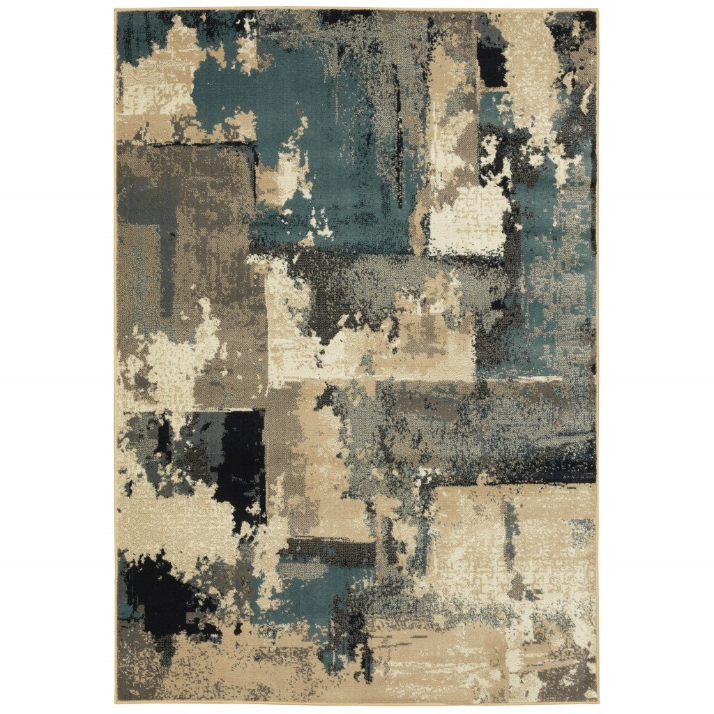 4’ x 6’ Beige and Blue Block Indoor Area Rug