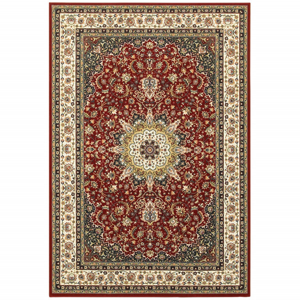 5' x 8' Red Ivory Machine Woven Oriental Indoor Area Rug