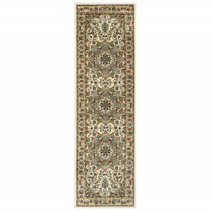 8' Ivory Beige Machine Woven Oriental Indoor Runner Rug