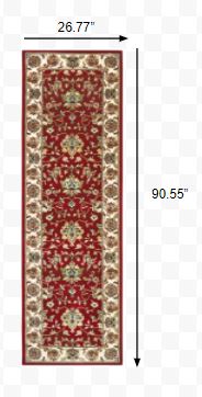 8' Red Ivory Machine Woven Floral Oriental Indoor Runner Rug