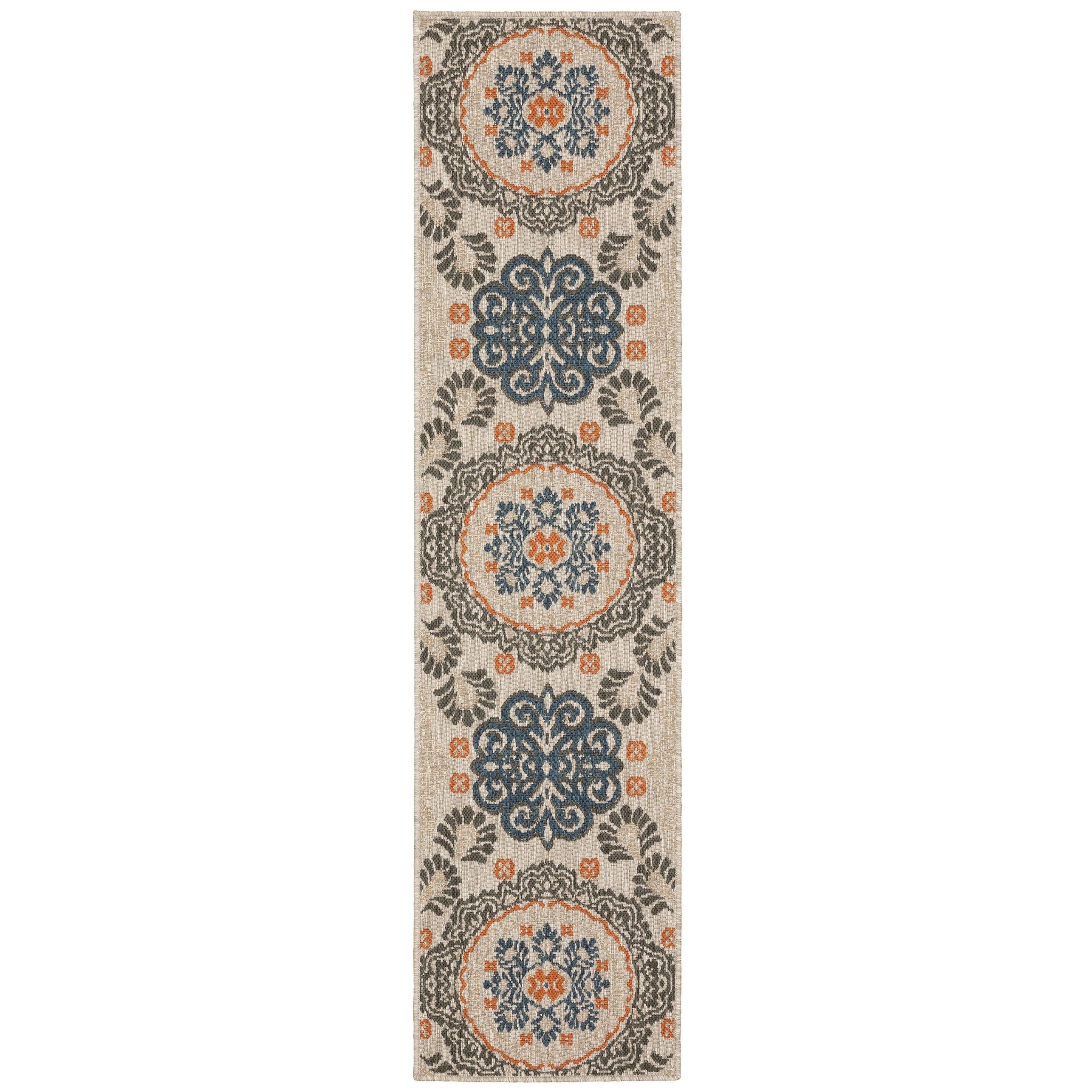 8' Grey Blue Floral Indoor Outdoor Runner Rug