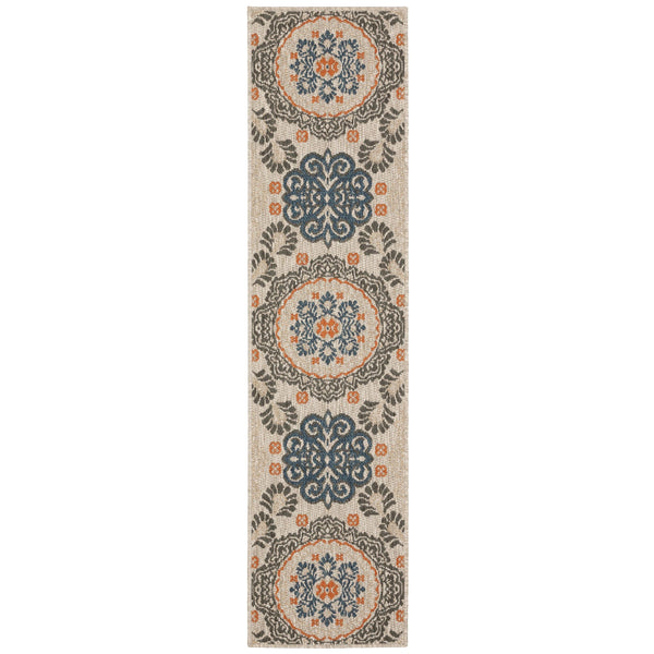 8' Grey Blue Floral Indoor Outdoor Runner Rug