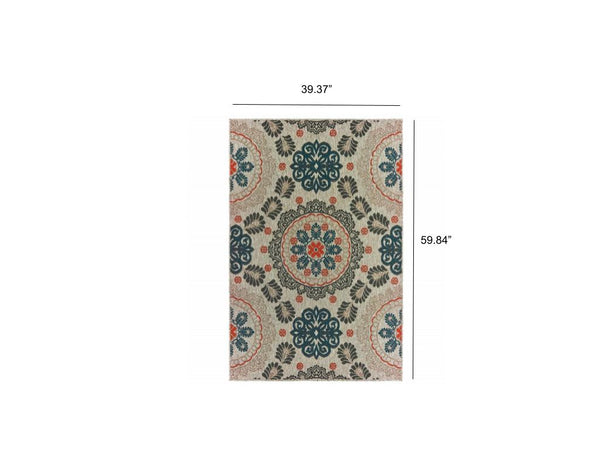 3' x 5' Grey Blue Floral Indoor Outdoor Area Rug