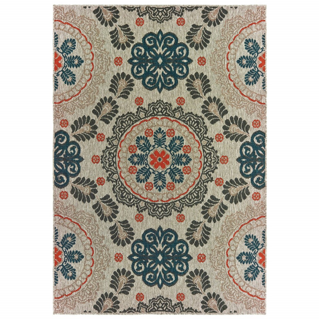 6' x 9' Grey Blue Floral Indoor Outdoor Area Rug