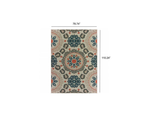 6' x 9' Grey Blue Floral Indoor Outdoor Area Rug