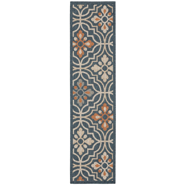 8' Blue Orange Floral Lattice Indoor Outdoor Runner Rug