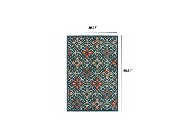 3' x 5' Blue Orange Floral Lattice Indoor Outdoor Area Rug