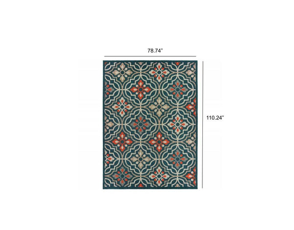 6' x 9' Blue Orange Floral Lattice Indoor Outdoor Area Rug