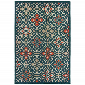 6' x 9' Blue Orange Floral Lattice Indoor Outdoor Area Rug