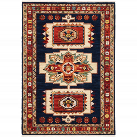 2' x 3' Blue Red Machine Woven Medallions Indoor Area Rug