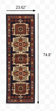 6' Blue Red Machine Woven Medallions Indoor Runner Rug