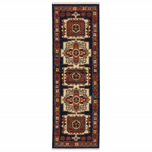 6' Red Blue Machine Woven Oriental Indoor Runner Rug