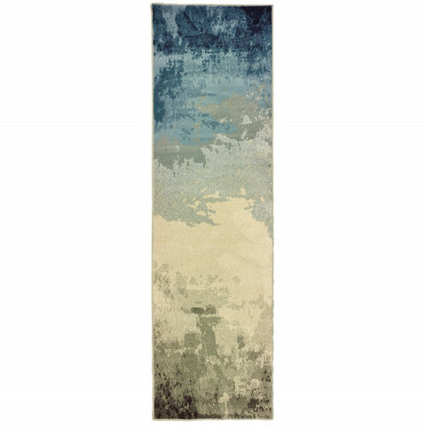 8' Blue Beige Machine Woven Abstract Skies Indoor Runner Rug