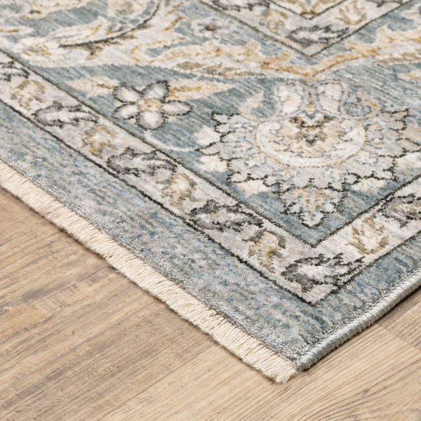 8' Blue Ivory Machine Woven Floral Oriental Indoor Runner