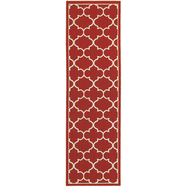 2’x8’ Red and Ivory Trellis Indoor Outdoor Runner Rug