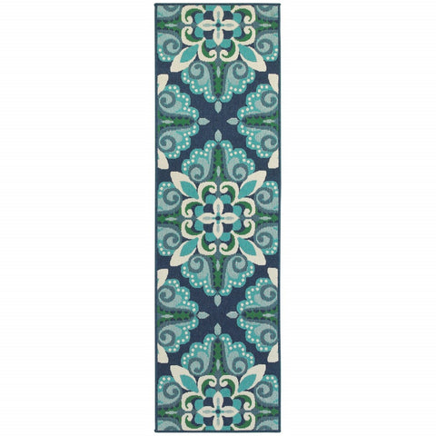 2’x8’ Blue and Green Floral Indoor Outdoor Runner Rug