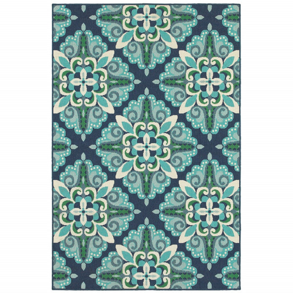 5’x8’ Blue and Green Floral Indoor Outdoor Area Rug