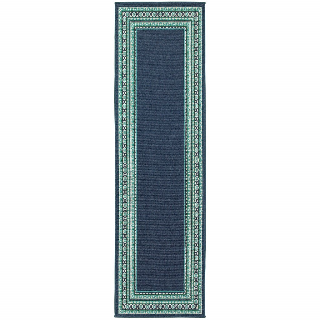 2’x8’ Navy and Green Geometric Indoor Outdoor Runner Rug