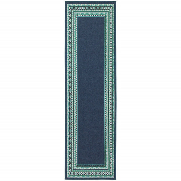 2’x8’ Navy and Green Geometric Indoor Outdoor Runner Rug