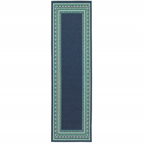 2’x8’ Navy and Green Geometric Indoor Outdoor Runner Rug