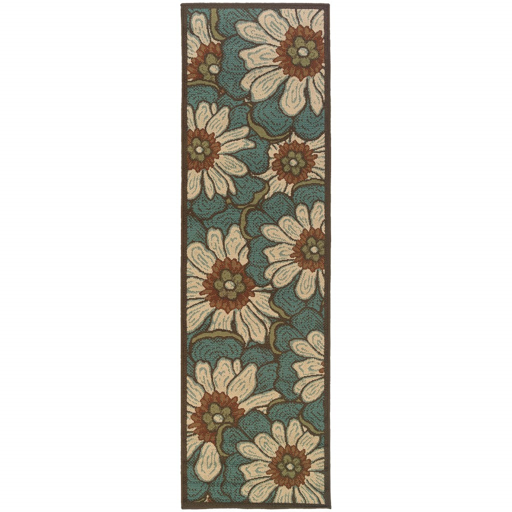 2’x8’ Blue and Brown Floral Indoor Outdoor Runner Rug