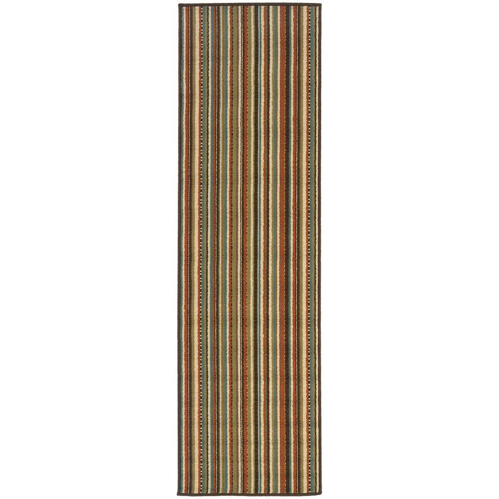 2’x8’ Green and Brown Striped Indoor Outdoor Runner Rug