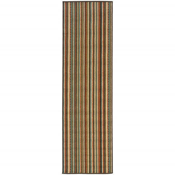 2’x8’ Green and Brown Striped Indoor Outdoor Runner Rug