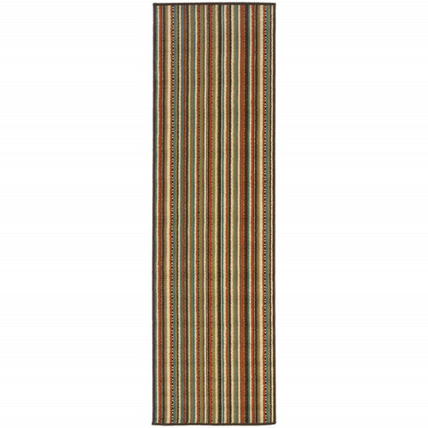 2’x8’ Green and Brown Striped Indoor Outdoor Runner Rug