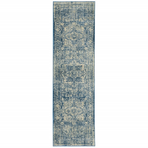 2’x8’ Ivory and Blue Oriental Runner Rug