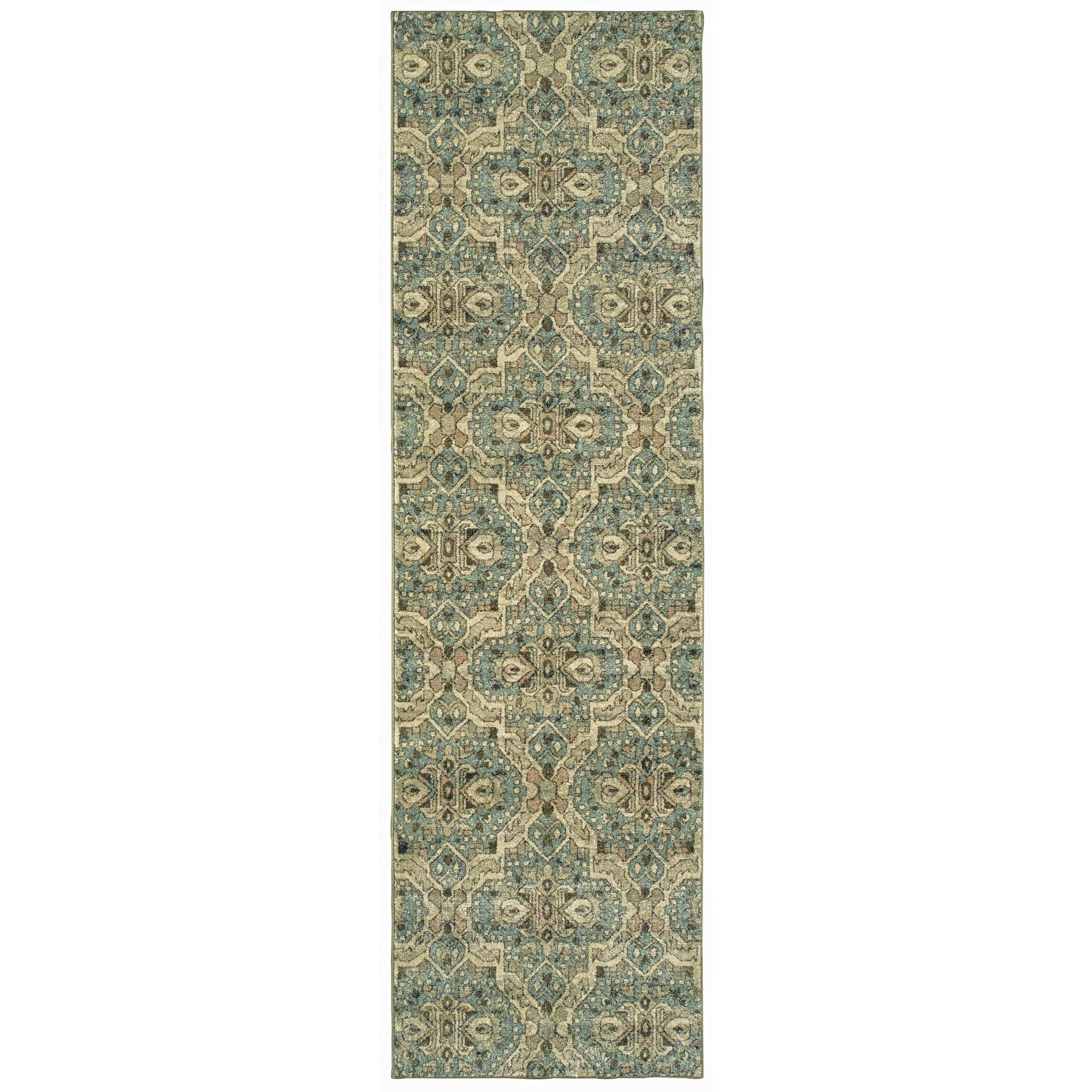 2’x8’ Ivory and Blue Geometric Runner Rug