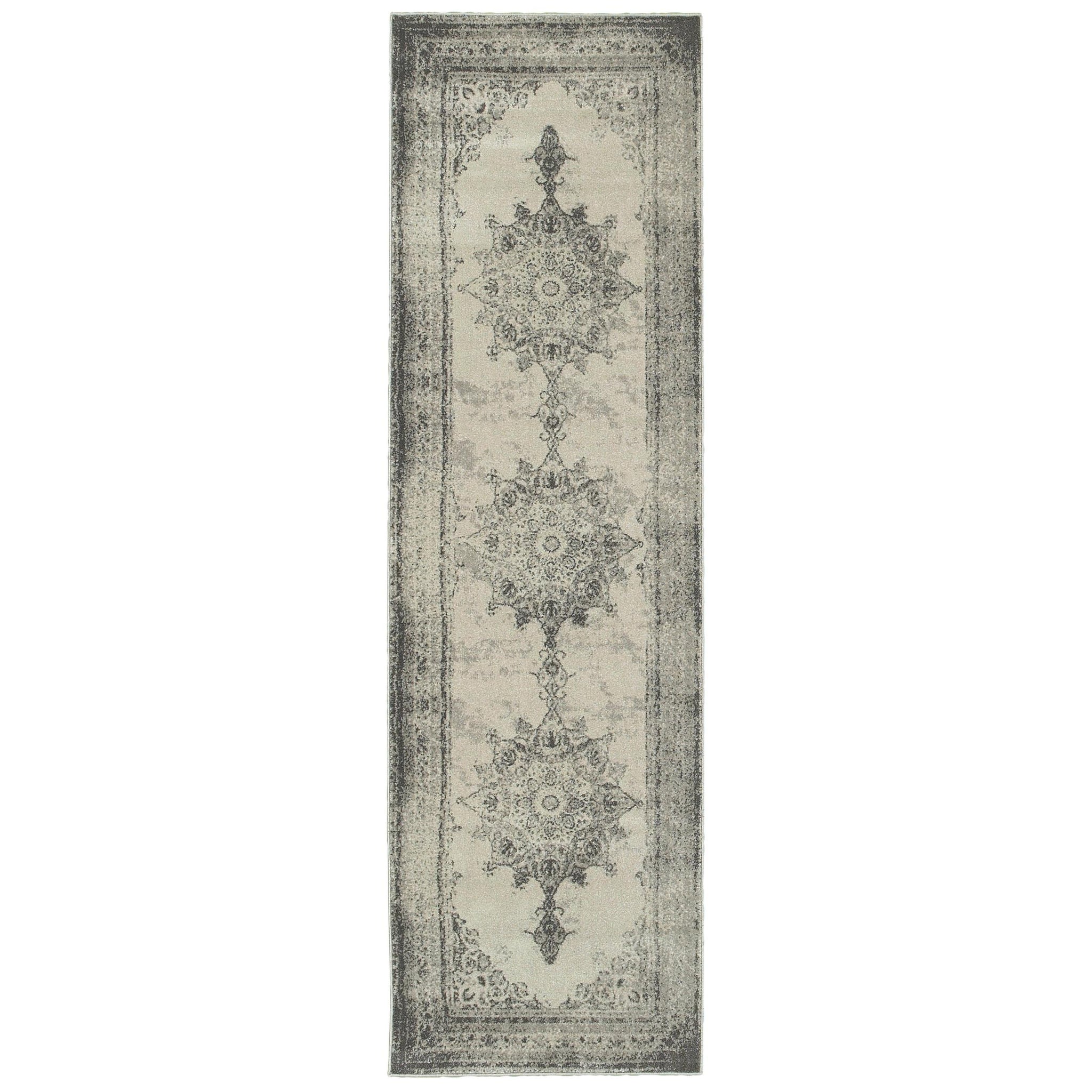 2’x8’ Ivory and Gray Pale Medallion Runner Rug