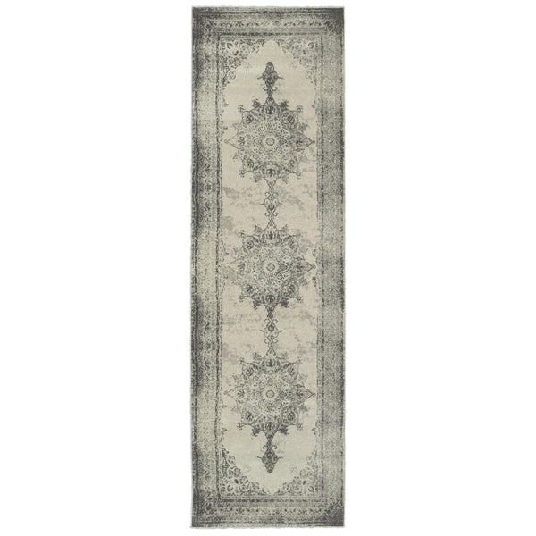 2’x8’ Ivory and Gray Pale Medallion Runner Rug